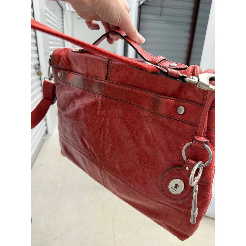 Fossil Long Live Vintage Red Leather Messenger Crossbody Bag Satchel Large